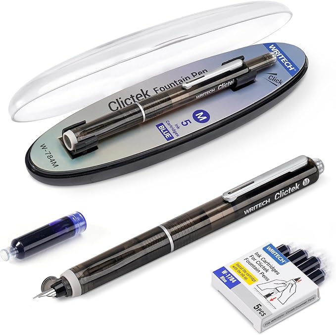 WRITECH Clictek Fountain Pen Retractable: Medium Nib Blue Ink Transparent by WRITECH