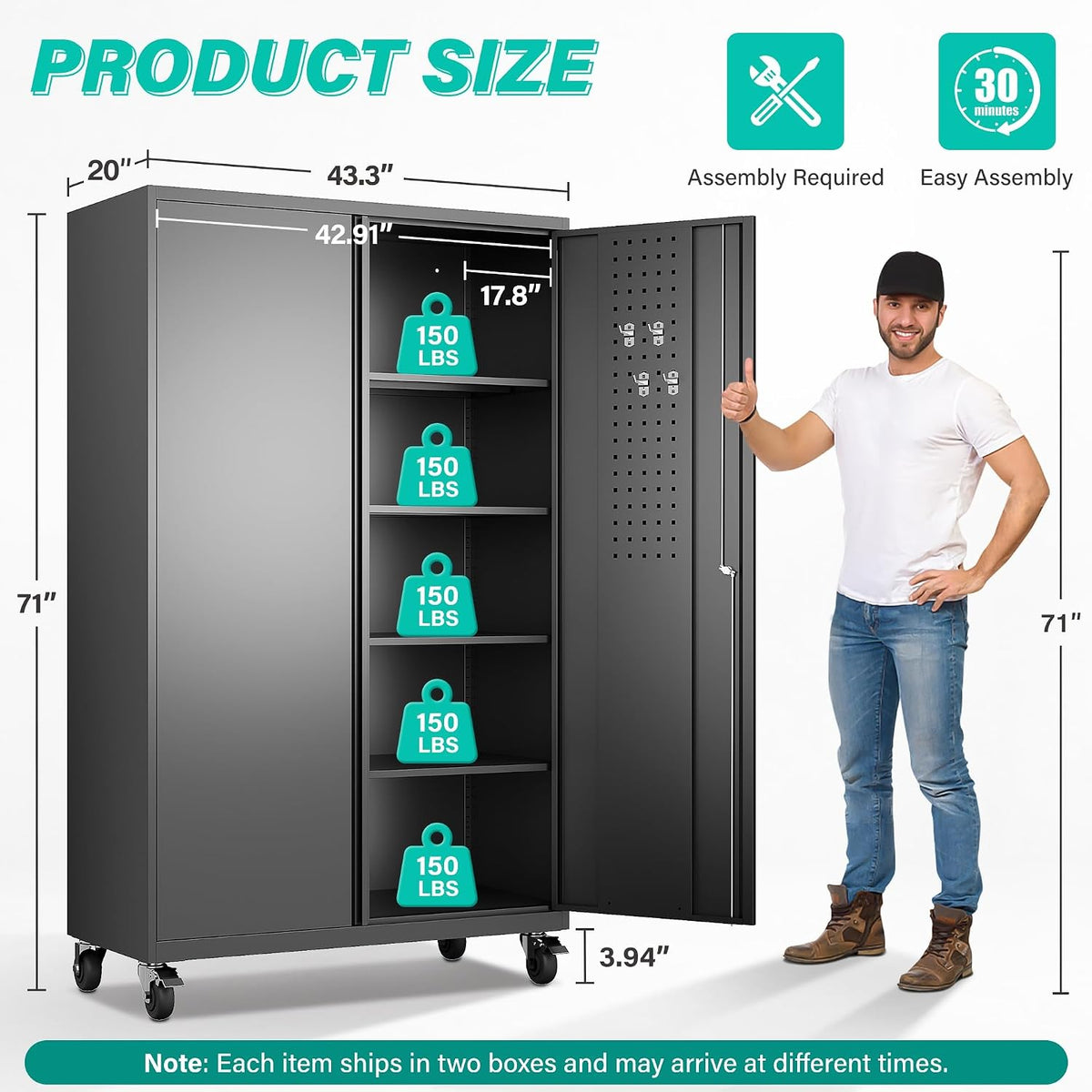 wide & deep metal storage cabinet with wheels,tall, close-up detail