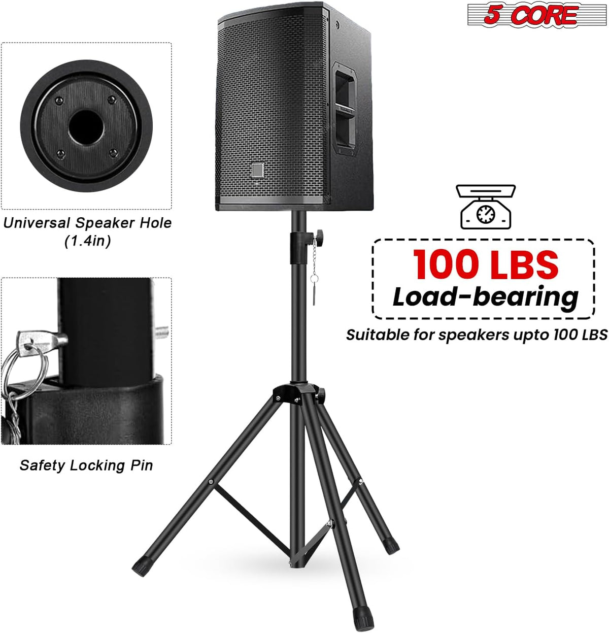 5 Core Speaker Stands Pair Adjustable PA DJ Heavy Duty w 35mm Mount Insert