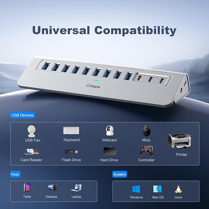 YH9AC Powered USB Hub 10Gbps, intpw 12 Port USB C Hub - Image 8