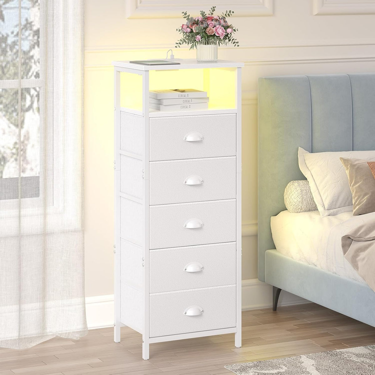 sthmec Nightstand with Charging Station,LED White Nightstands with 5 Fabric D...