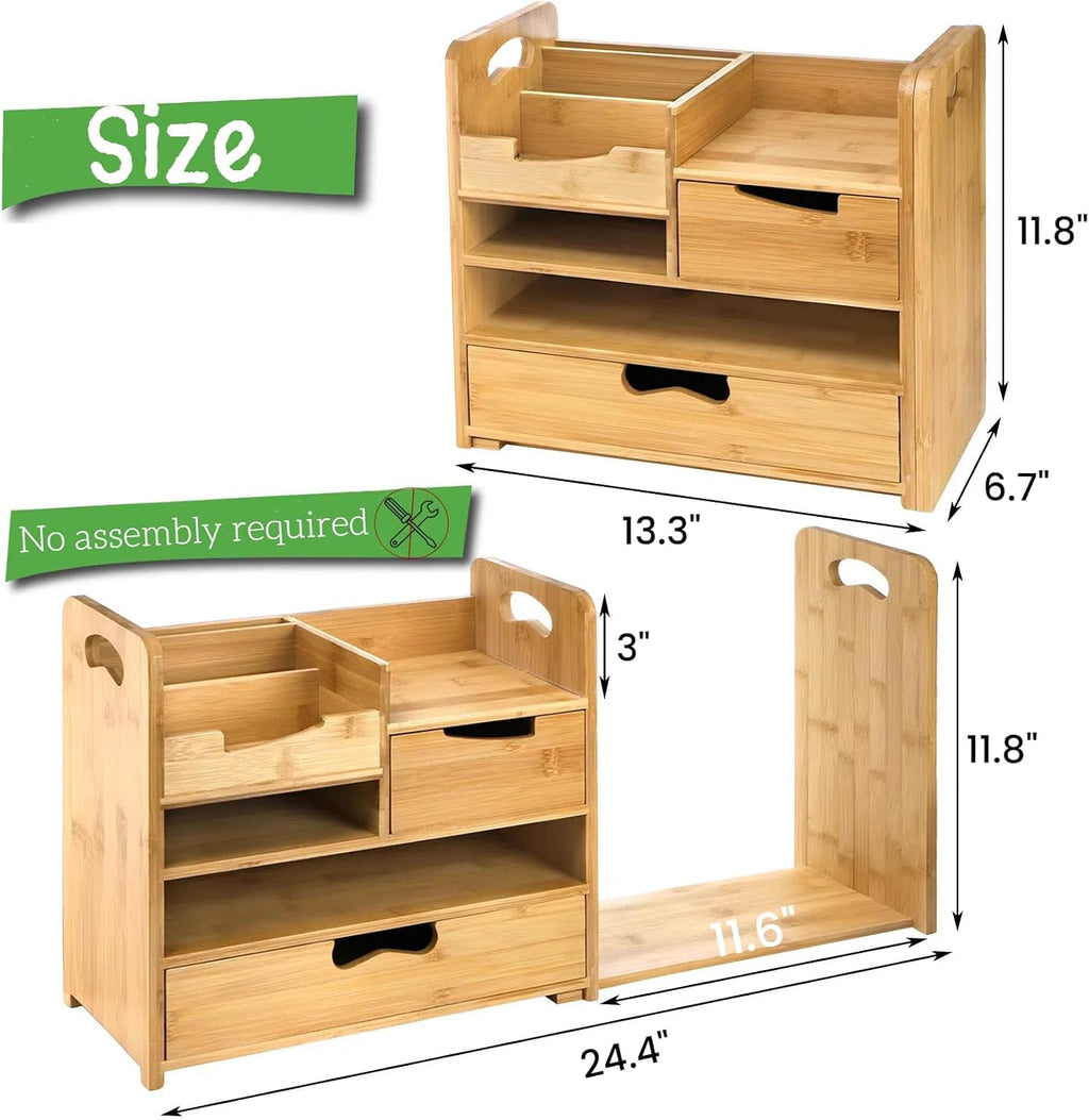 zoofox bamboo desk organizer with adjustable file holder, close-up detail