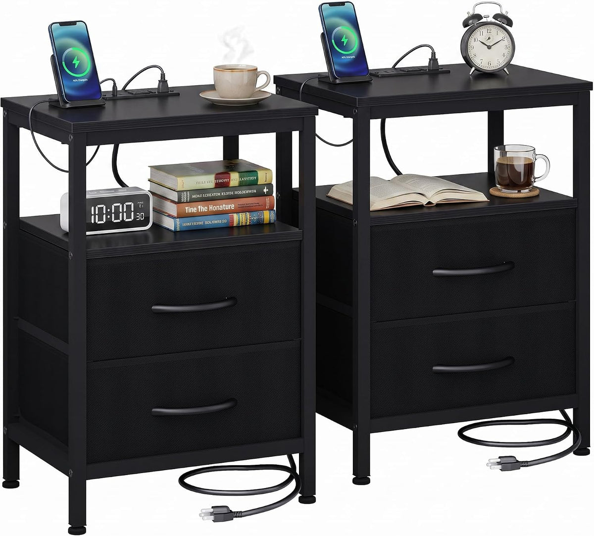 DUMOS Night Stand Set 2 with Charging Station, End Table with Fabric Drawer