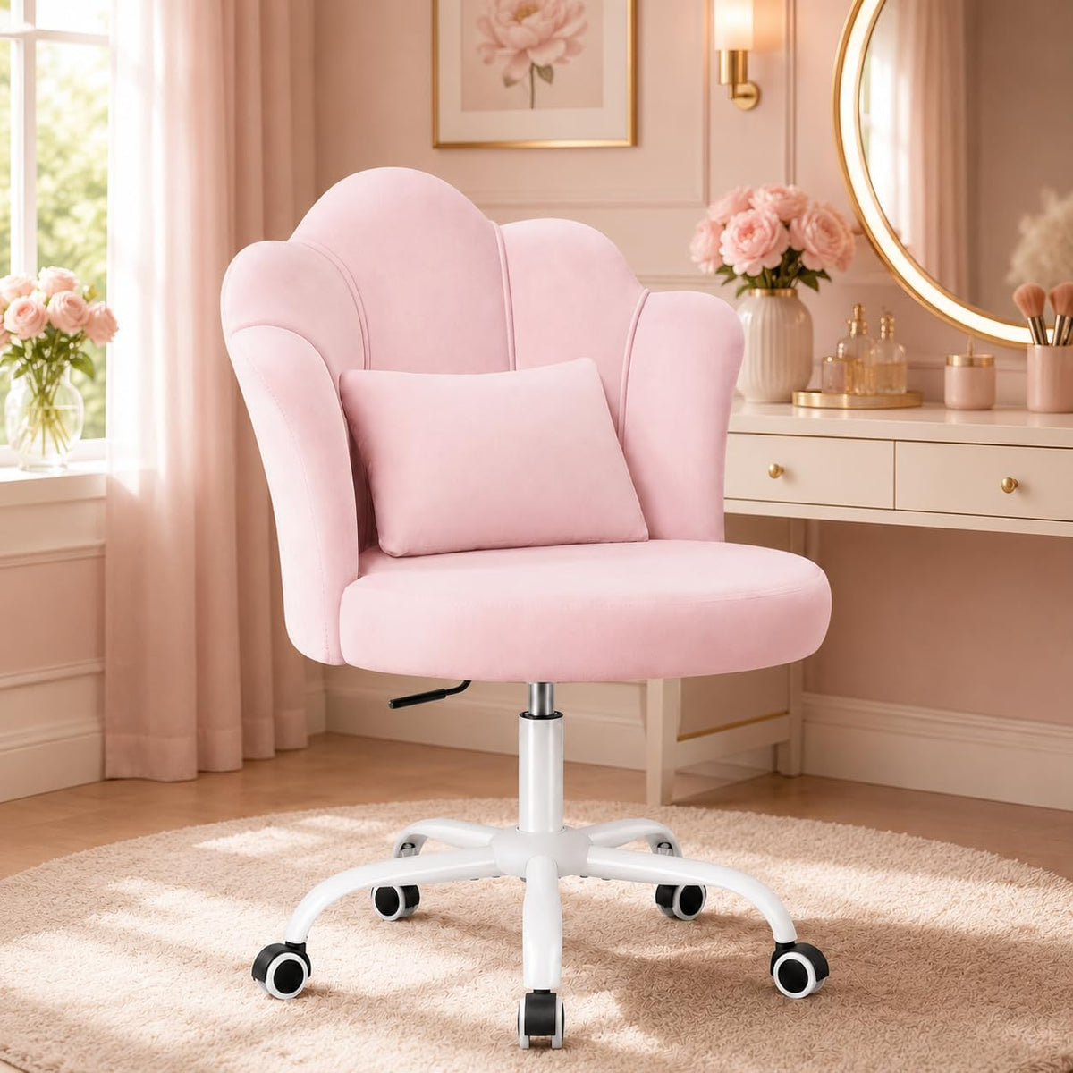 BestGlory Petal Vanity Chair with Wheels, 3.15" Extra Thick Comfy Makeup Chair, Adjustable Modern Swivel Armless Desk Chair for Girls Women, Aesthetic Small Office Chair for Bedroom Dorm, Pink