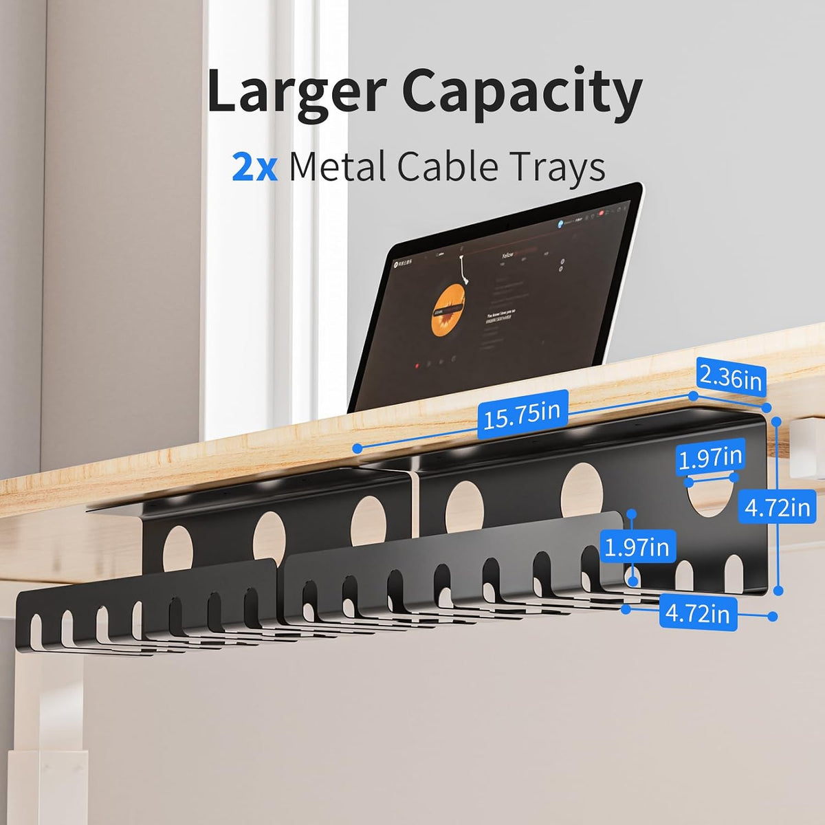 Delamu 2 Pack Metal Under Desk Cable Management Tray, Black U Channel
