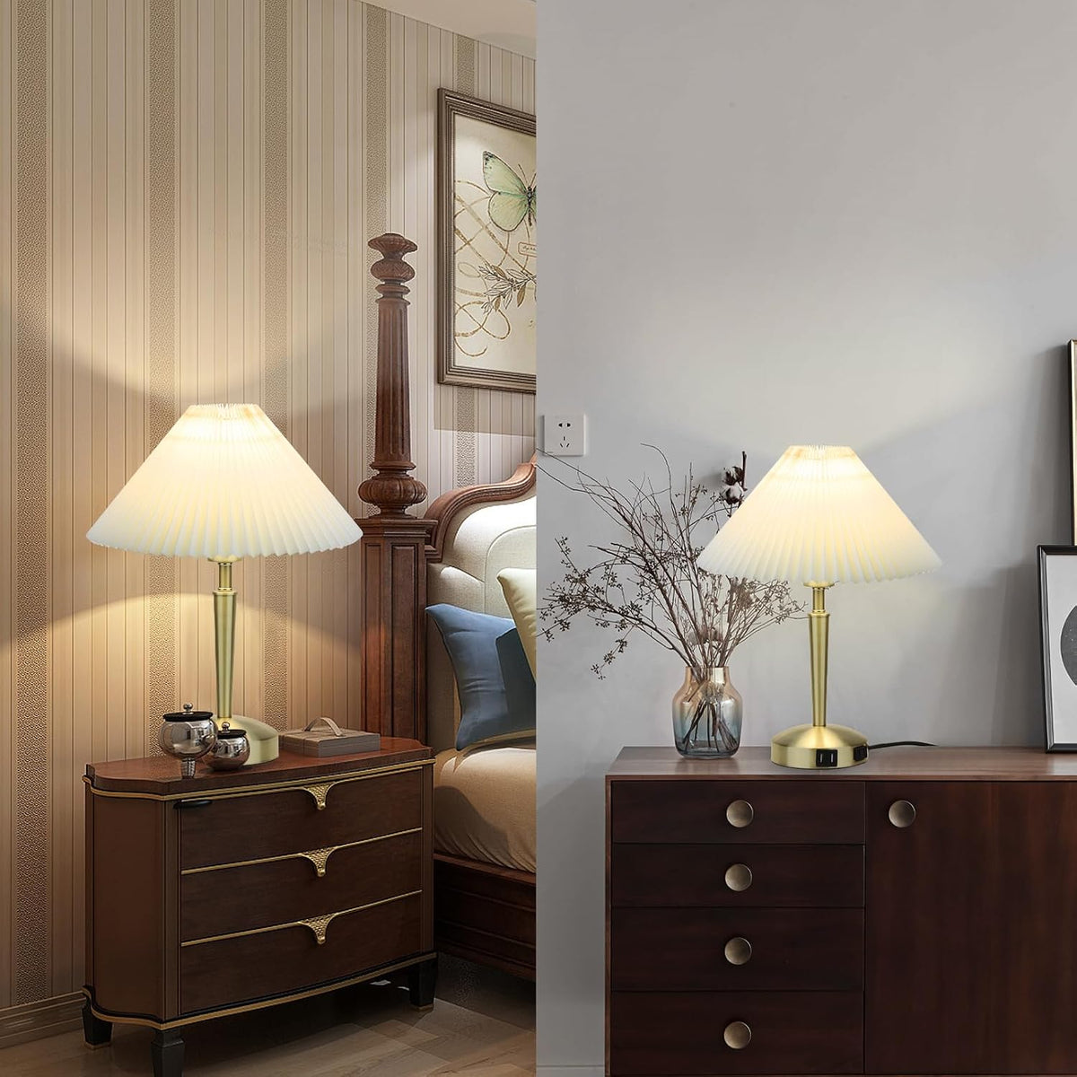 LALISU Touch Bedside Table Lamp, Fabric Shade Small Table Lamp, Gold