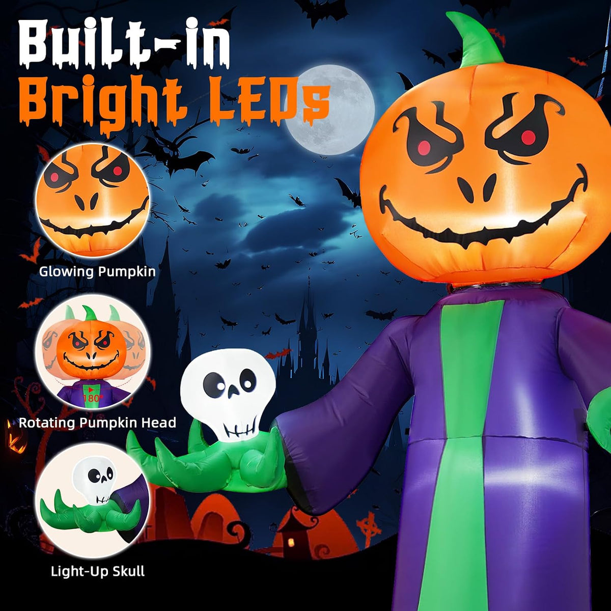Halloween Inflatables 8FT Giant Pumpkin Monster with 180° Rotating Head &...
