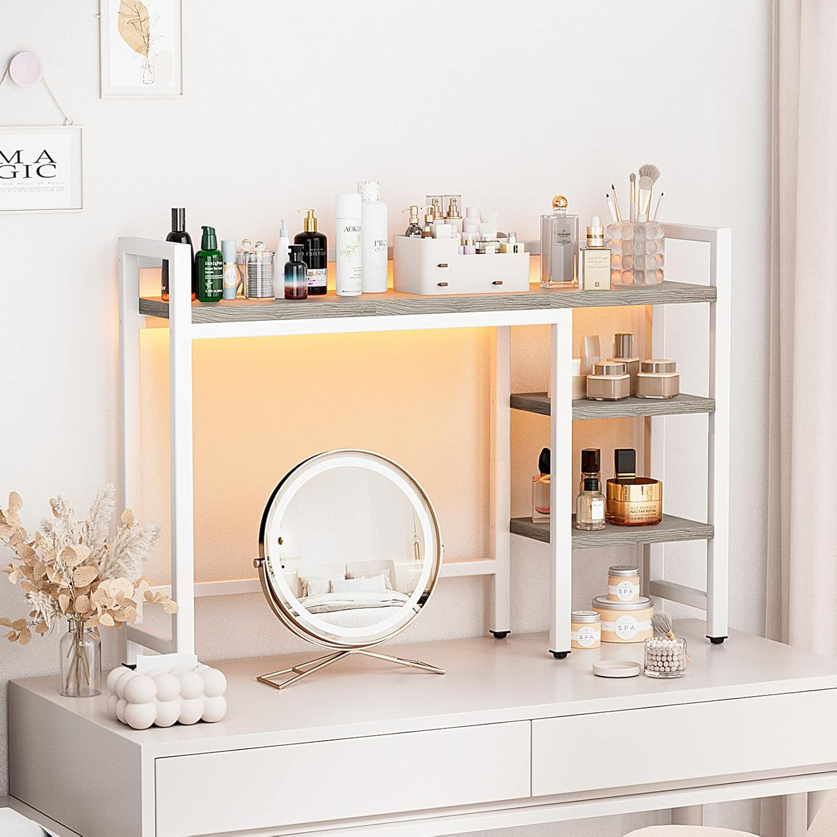 Desk Hutch with Colorful RGB Lights, 4 Tier Desktop Shelf for Max 28" Co...