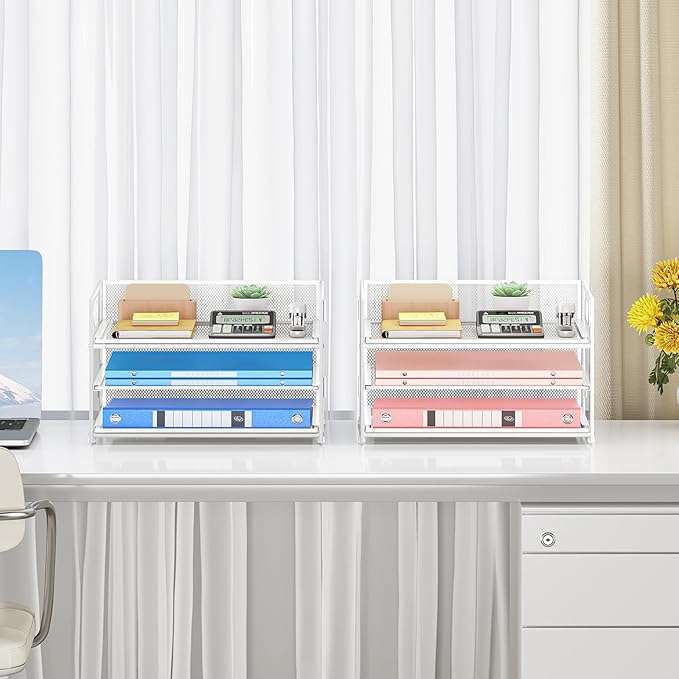 Subekyu 2-Pack 3-Tier White Metal Mesh Desk Paper Letter Tray & File Sorter - Image 6