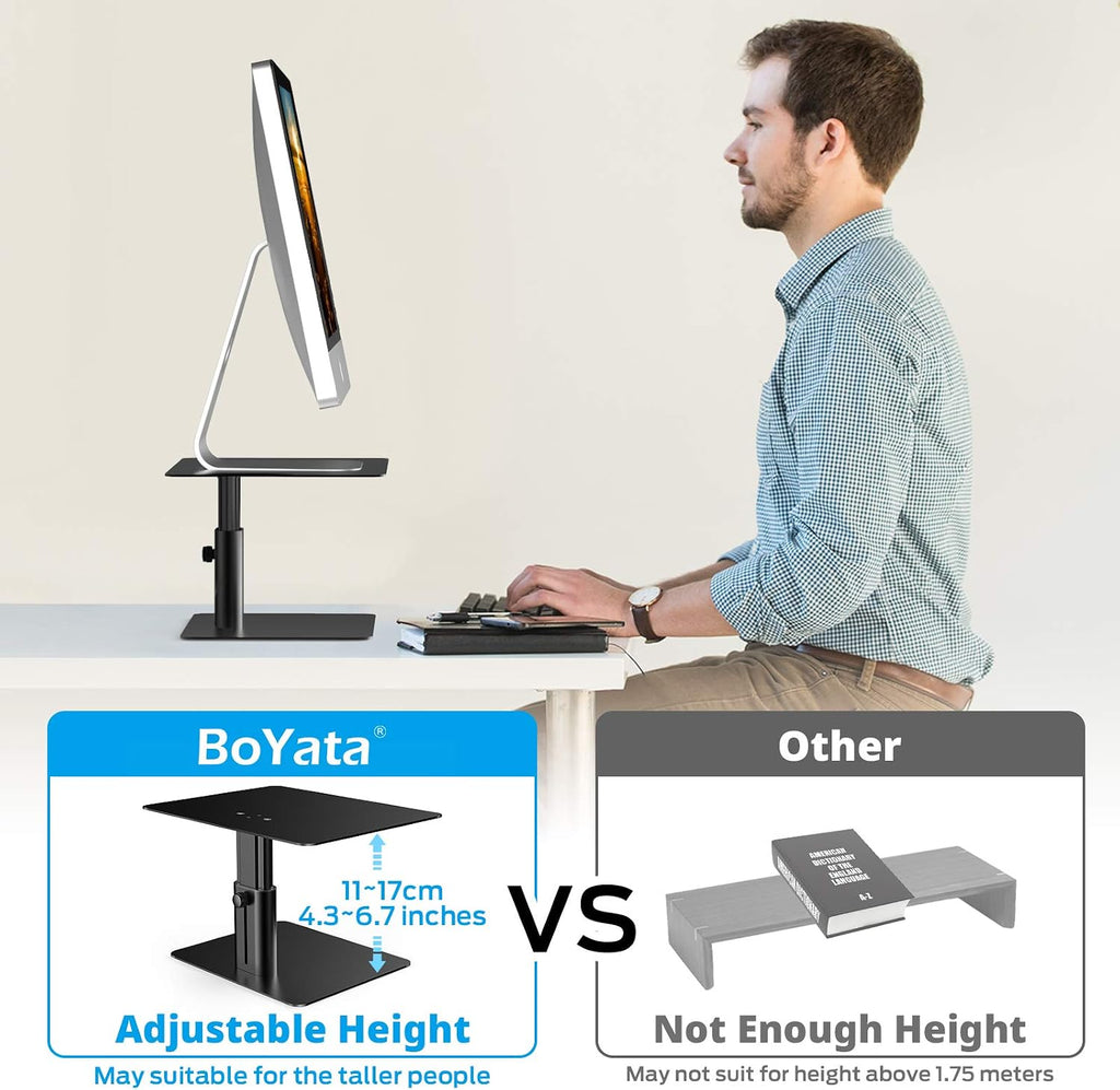boyata monitor stand, adjustable height metal desktop riser, side view