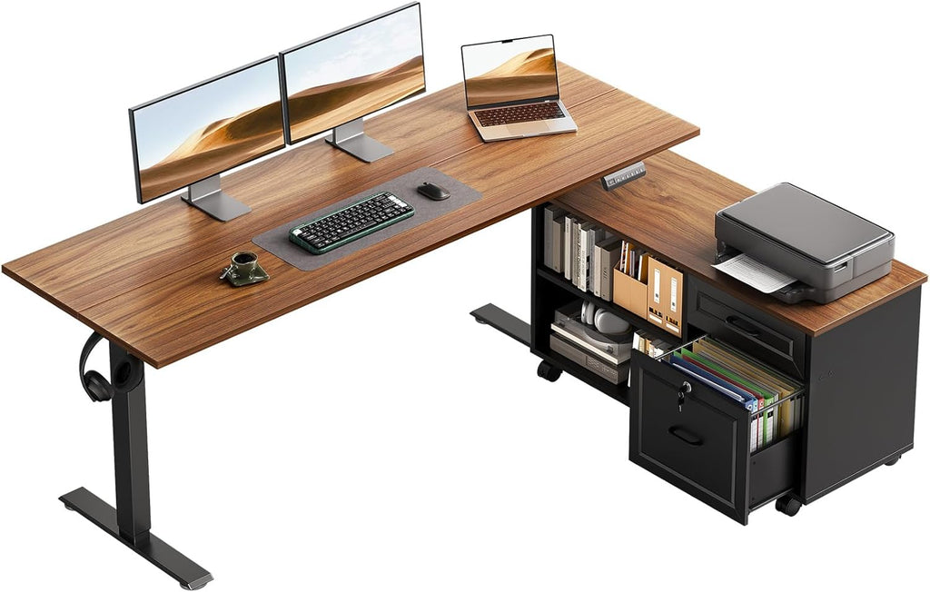 55" L Shaped Electric Standing Desk with Cabinet Sets, Walnut/Black | Mobile Drawers & File Cabinet Sets for Flexible Layout, Height Adjustable Executive Stand Up Desk for Home Office Workstation