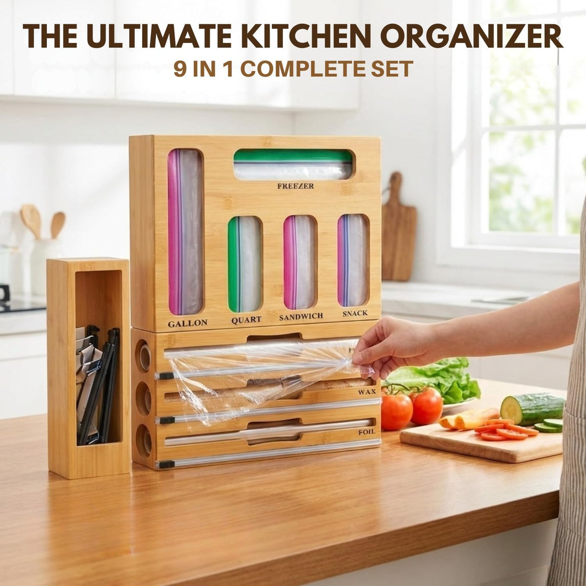 9 in 1 Bamboo Kitchen Drawer Organizer for Storage Bags, Foil & Plastic W...