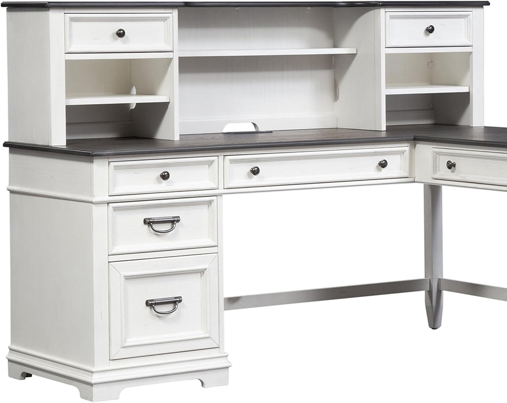 Liberty Furniture Allyson Park Opt L Shaped Desk Set with Locking File Drawer Cottage Home Office Storage - Wirebrushed White, Charcoal Tops Oak Wood