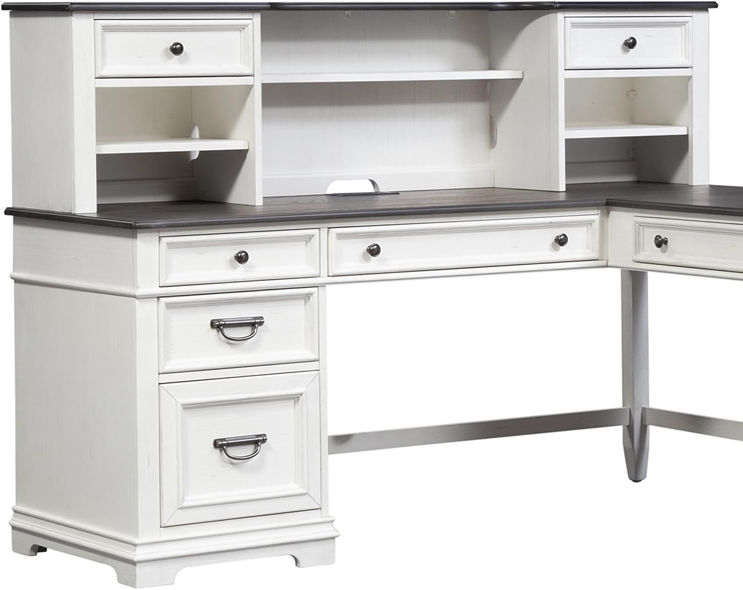 Liberty Furniture Allyson Park Opt L Shaped Desk Set with Locking File Drawer Cottage Home Office Storage - Wirebrushed White, Charcoal Tops Oak Wood