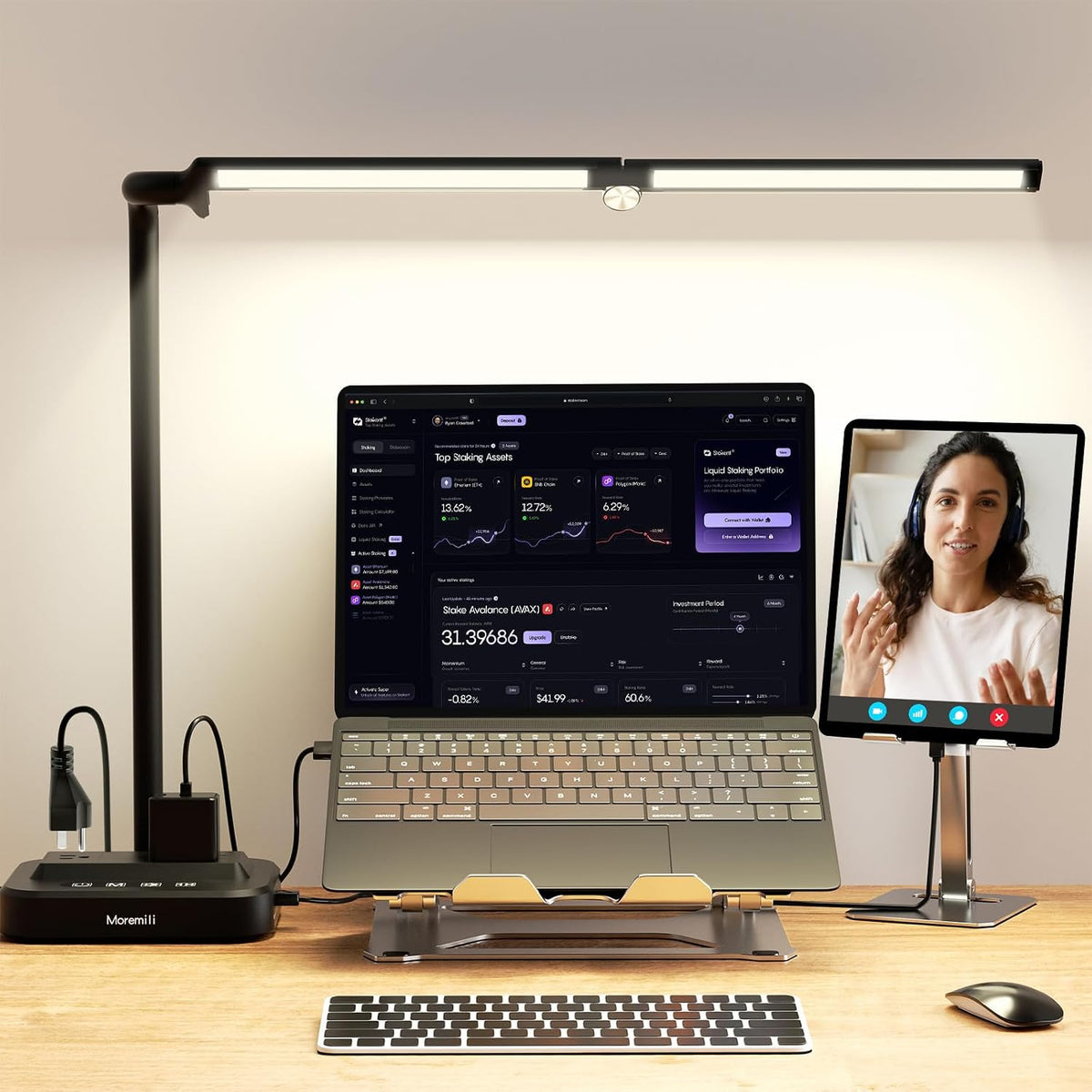 LED Desk Lamp for Home Office: Desk Light Double Head Adjustable with Power S...