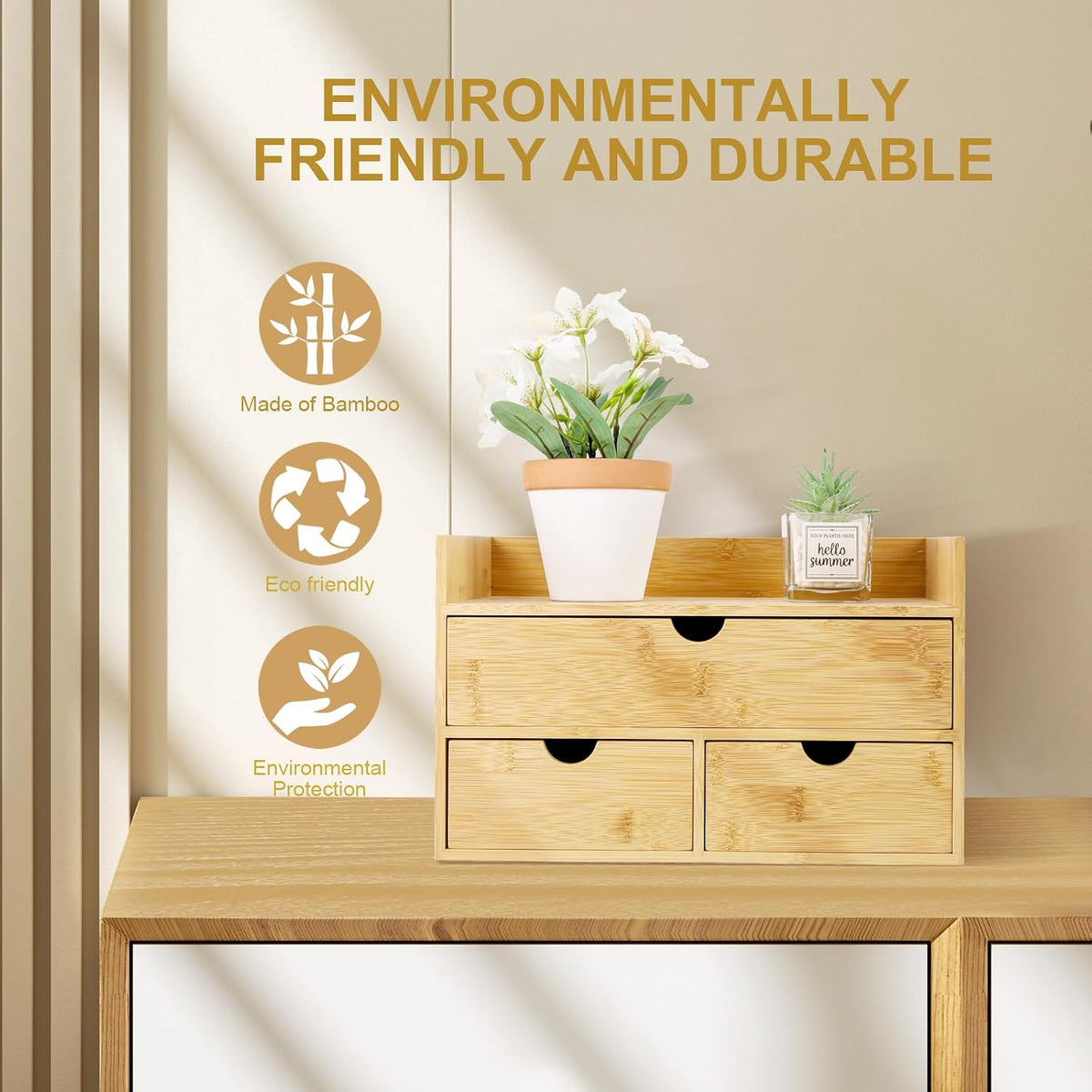 charmewooden bamboo desk organizer with drawers countertop drawers, side view