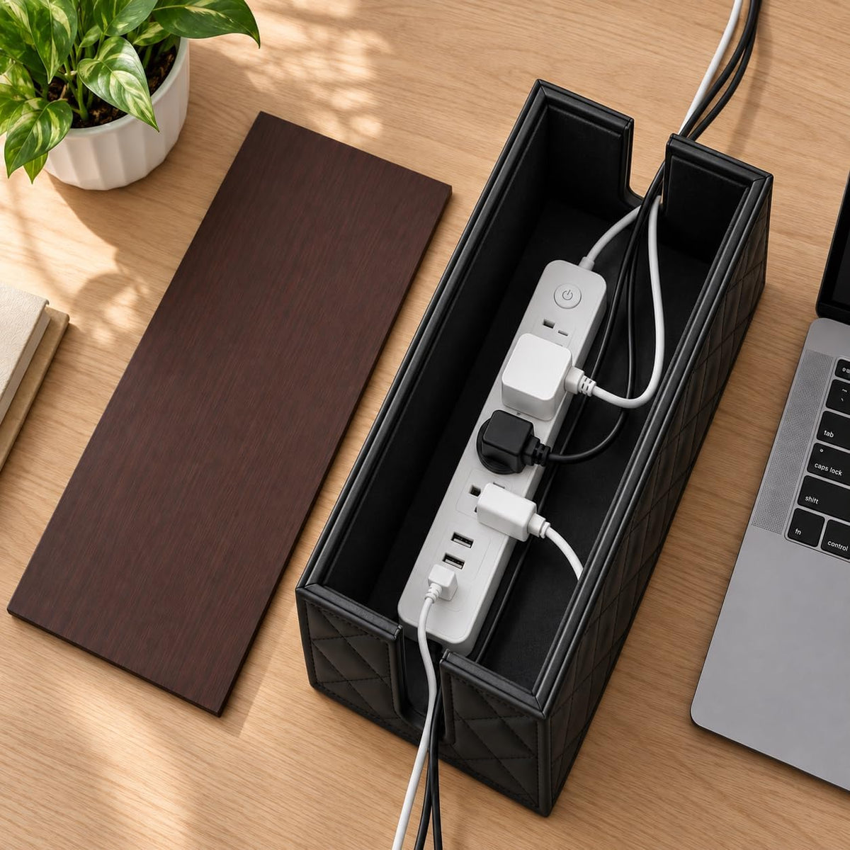 Premium Cable Management Box | Leather Cord Organizer Box with Lid (Black)