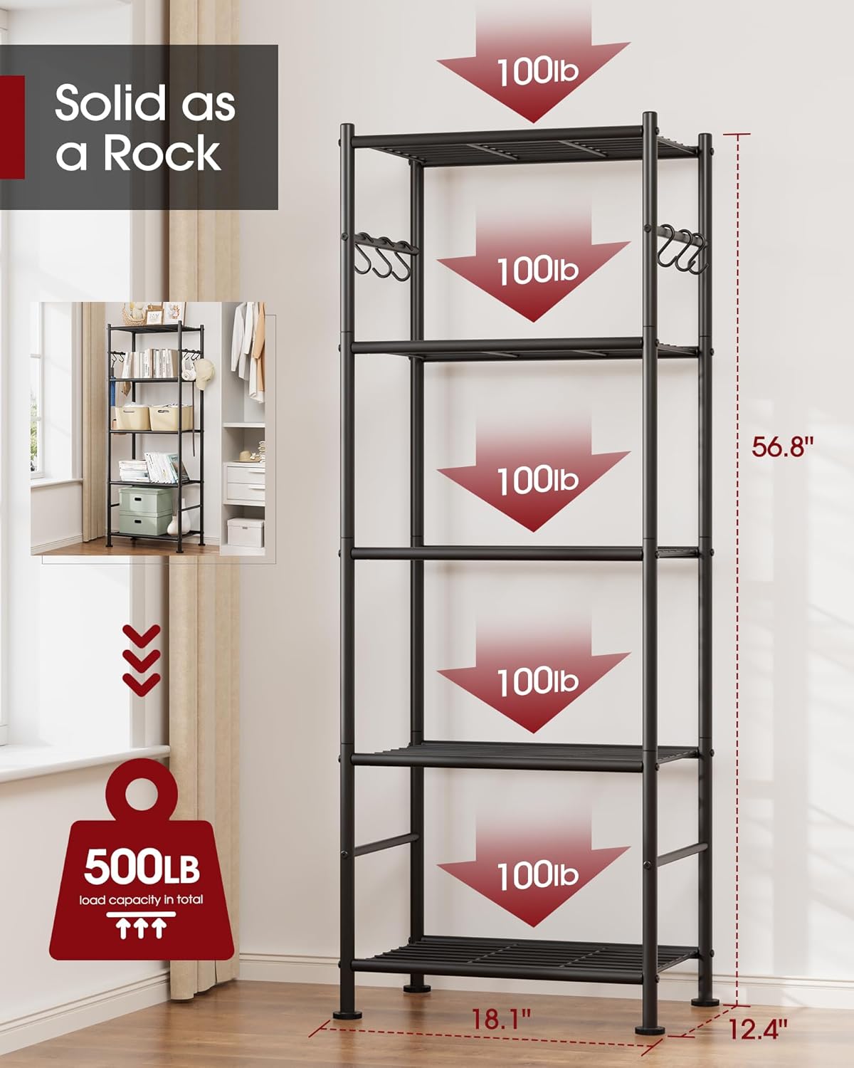 sakugi 5-tier storage rack organizer with hooks, heavy, close-up detail