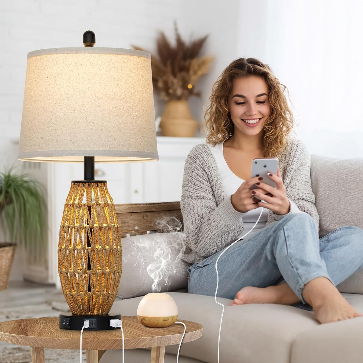 27" Boho Rattan Table Lamp Single, Wicker Bedroom Lamp with Night Light,...