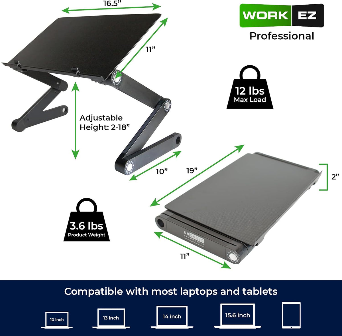 Uncaged Ergonomics WorkEZ Adjustable Laptop Stand for Desk and Bed, Black