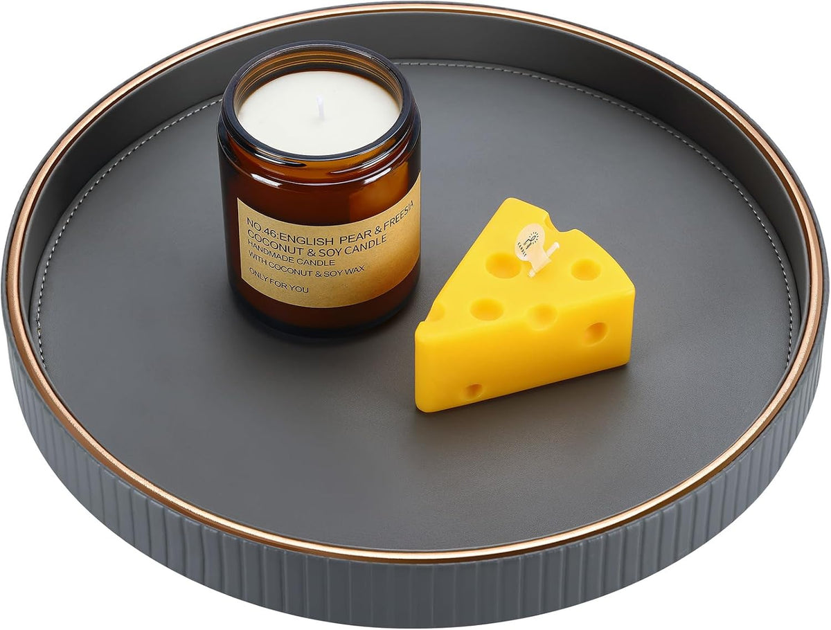KINGFOM Round Decorative Tray, PU Leather Vanity Tray Organizer with Gold Tri...