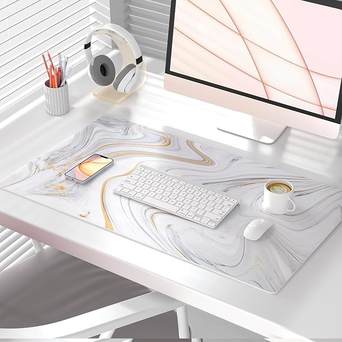 QIYI Large Mouse Pad, Cute Marble White Desk Mat, PU Leather Desk Protector - Image 2