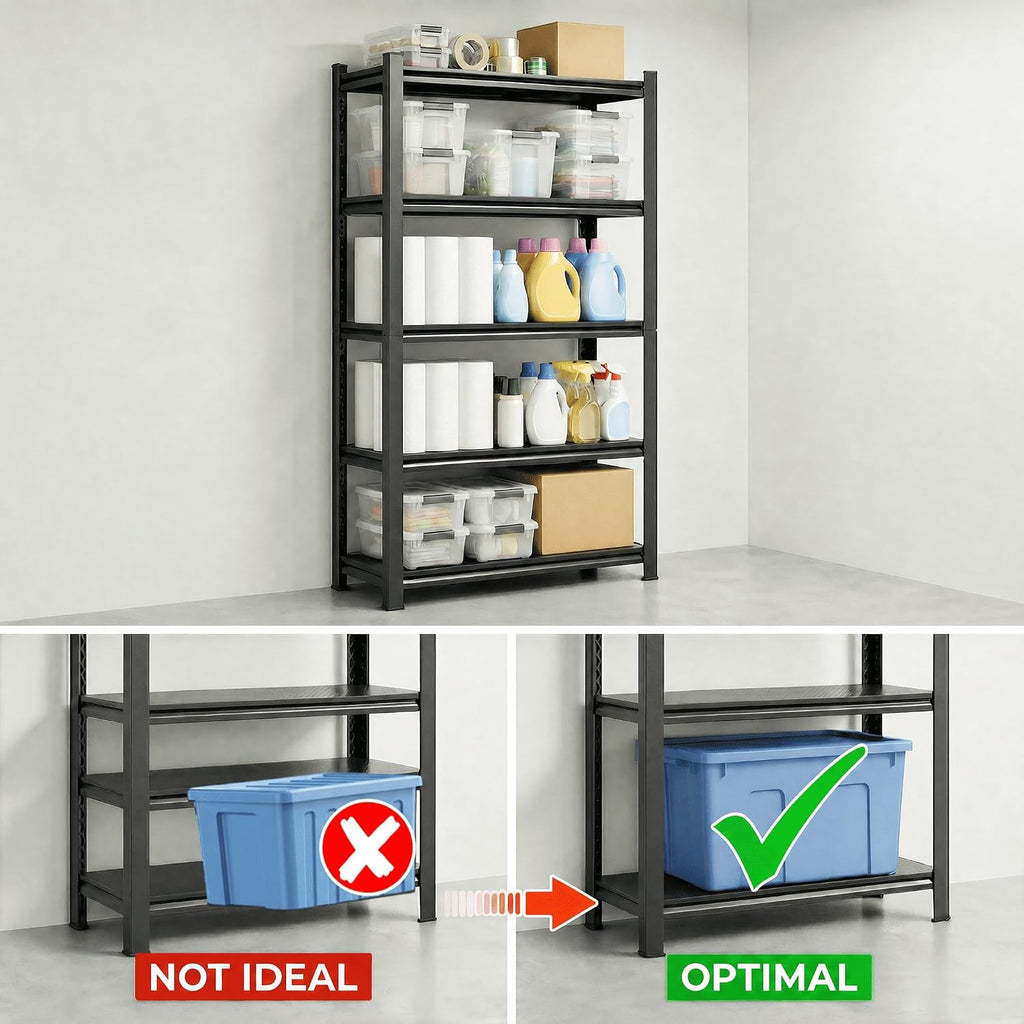 lauxery 5-tier heavy duty storage shelves with lockable showing dimensions