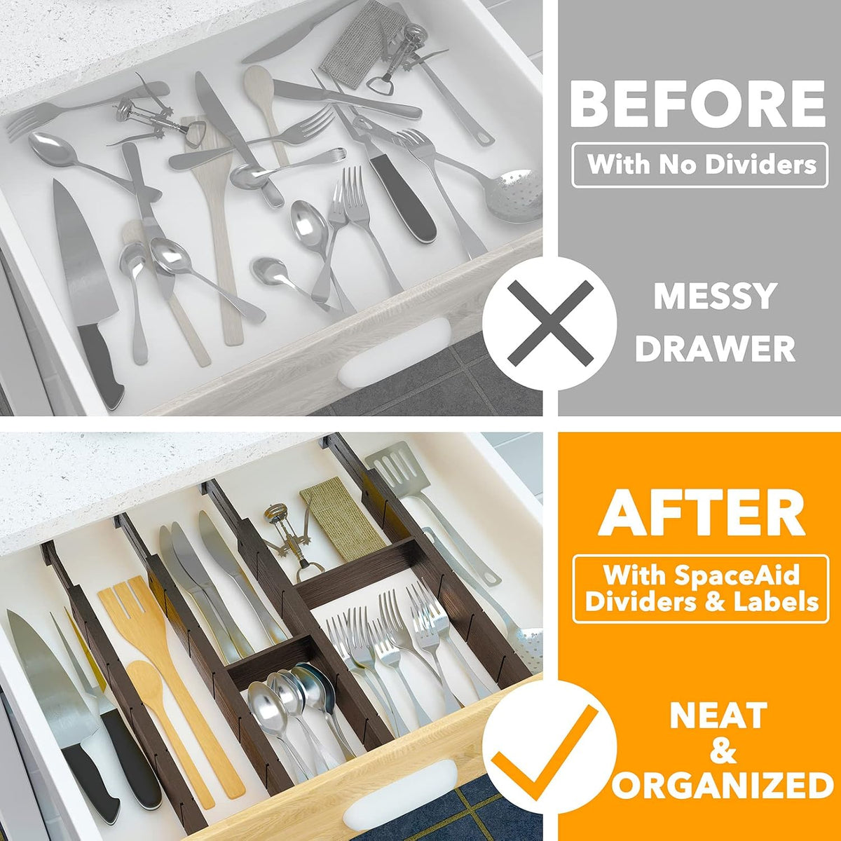SpaceAid Bamboo Drawer Dividers with Inserts and Labels, Kitchen Adjustable D...