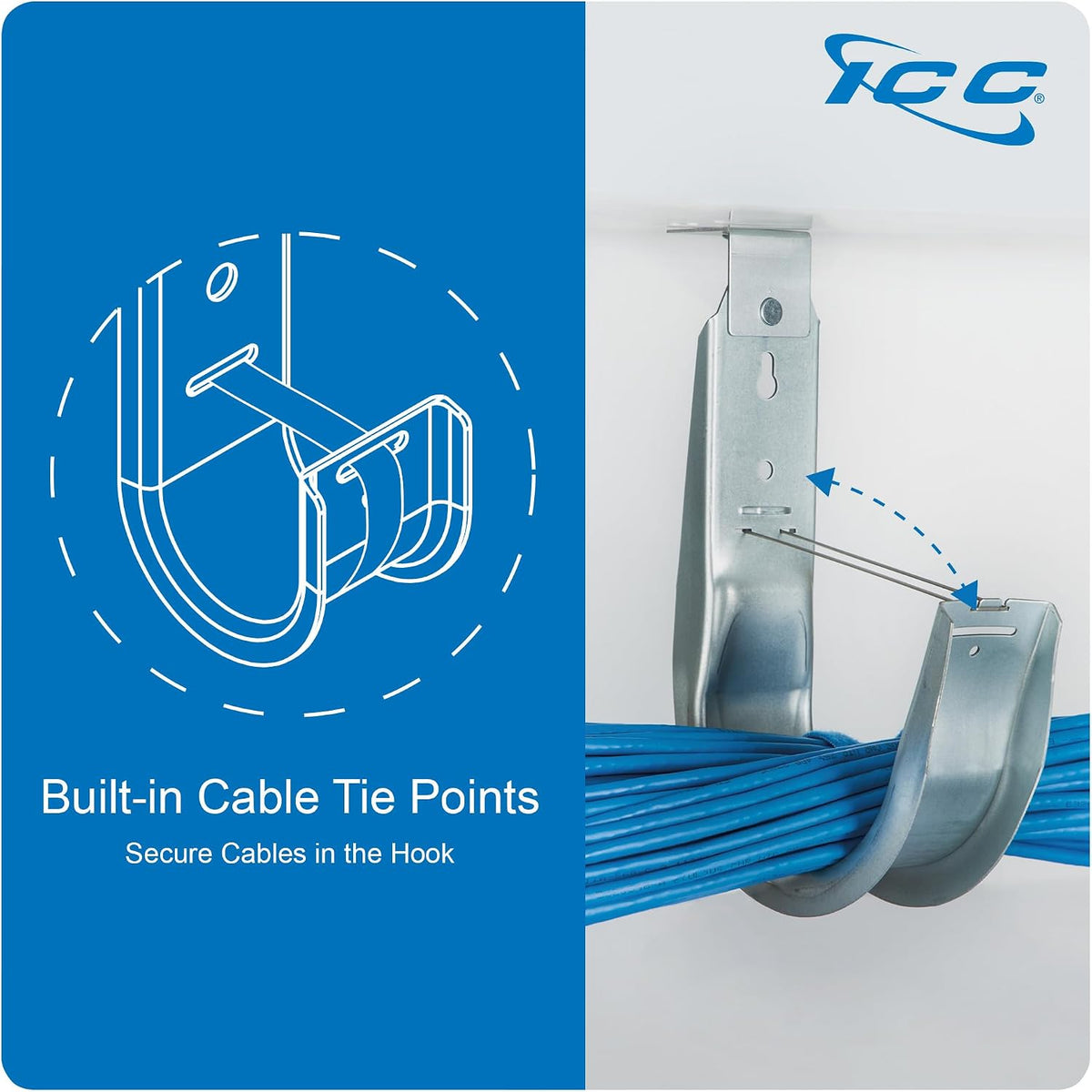 ICC 2-Inch Ceiling J Hook Cable Management Hook, Retainer Clip, 25-Pack