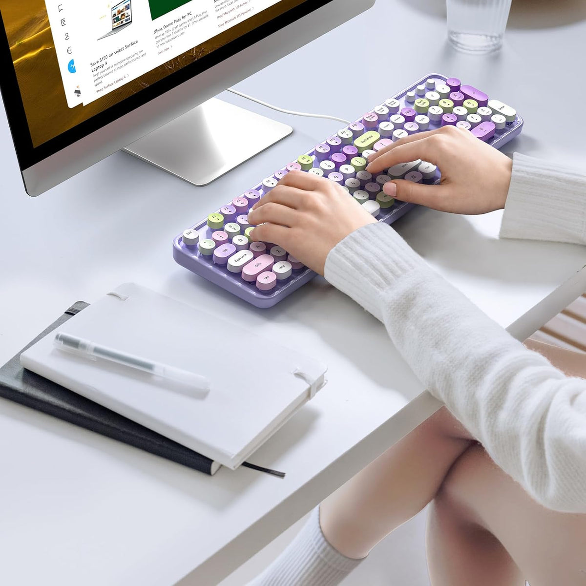 KNOWSQT Wired Computer Keyboard - Purple Colorful Retro Full Size Round Keyca...