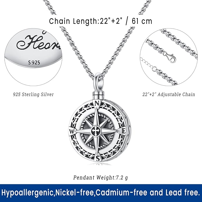 Compass Necklace for Women Men 925 Sterling Silver Pendant Urn Necklaces for - Image 3
