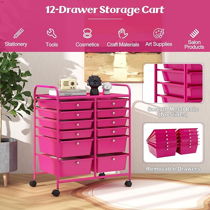 Happygrill 12-Drawer Rolling Storage Cart, 2 Sizes Plastic Drawers & Metal Shelf - Image 6