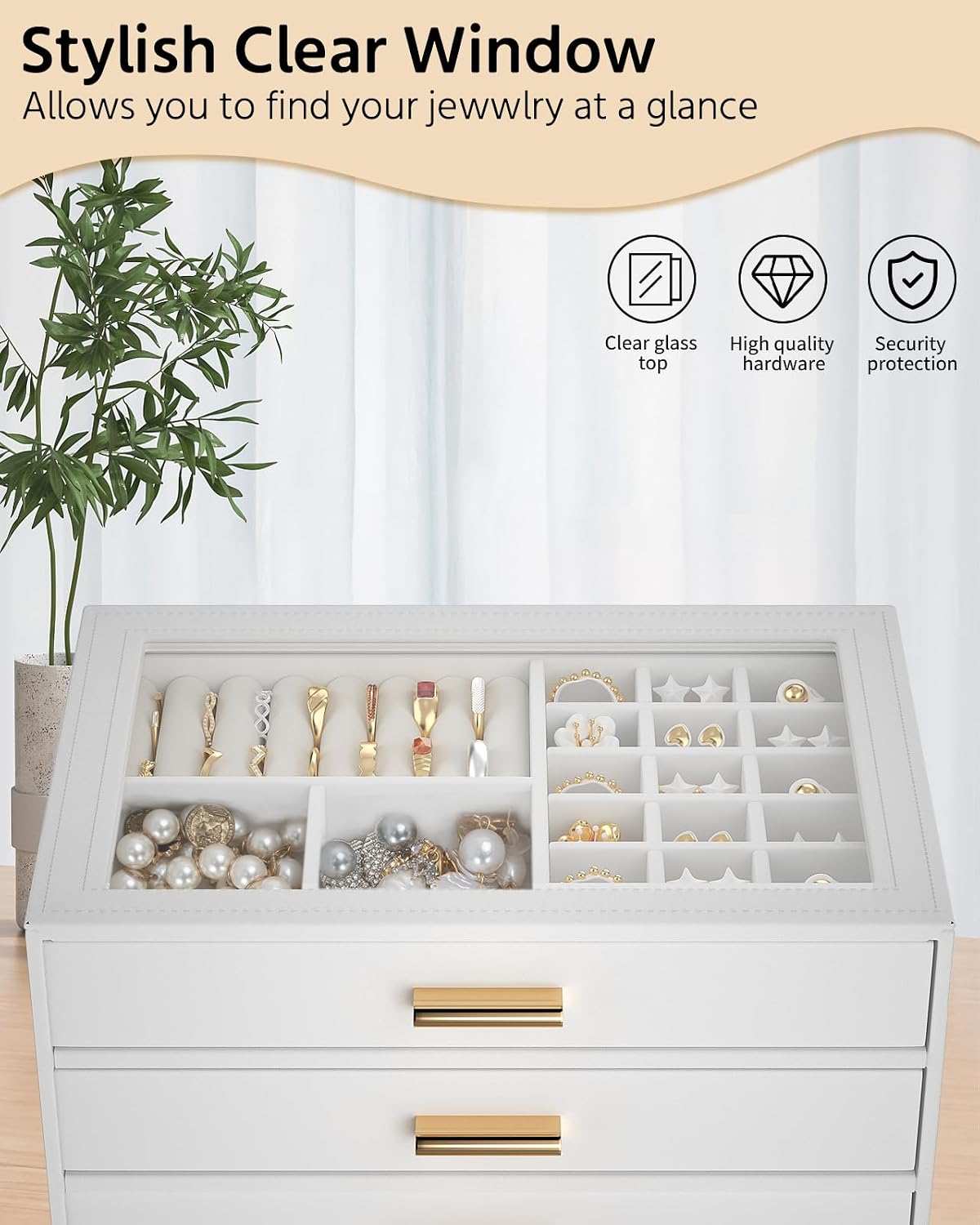 AKOZLIN Jewelry Box Organizer with Clear Lid 4 Drawers White