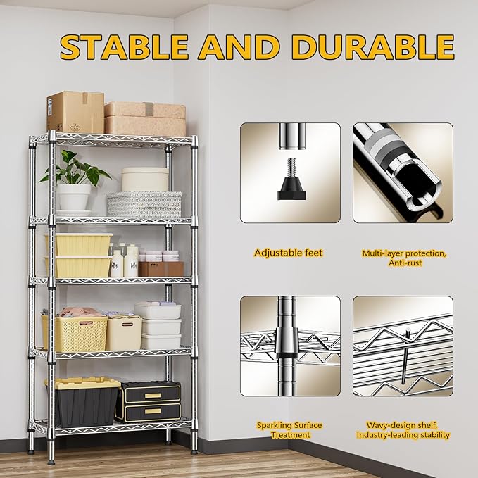 M MZG 1250 lbs 5 Tier Shelf Metal Storage Shelves Shelving Wire Rack Heavy Duty - Image 6