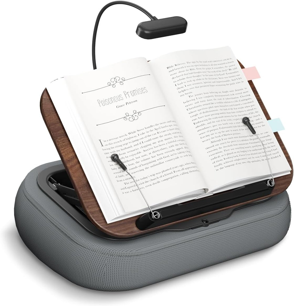 Lap Book Stand with Reading Light, Adjustable Book Holder Pillow for Bed & Couch, Hands-Free Reading Stand with Page Clips, Soft Lap Desk for Kindle, Tablet, Cookbook, Textbook Reading