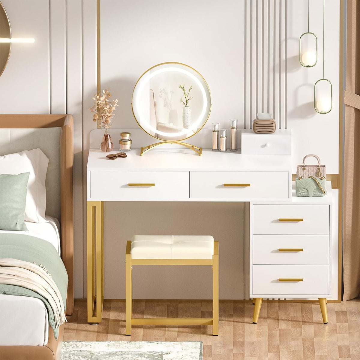 Armocity White Vanity Desk with Mirror and Lights, Modern Makeup Vanity Table...