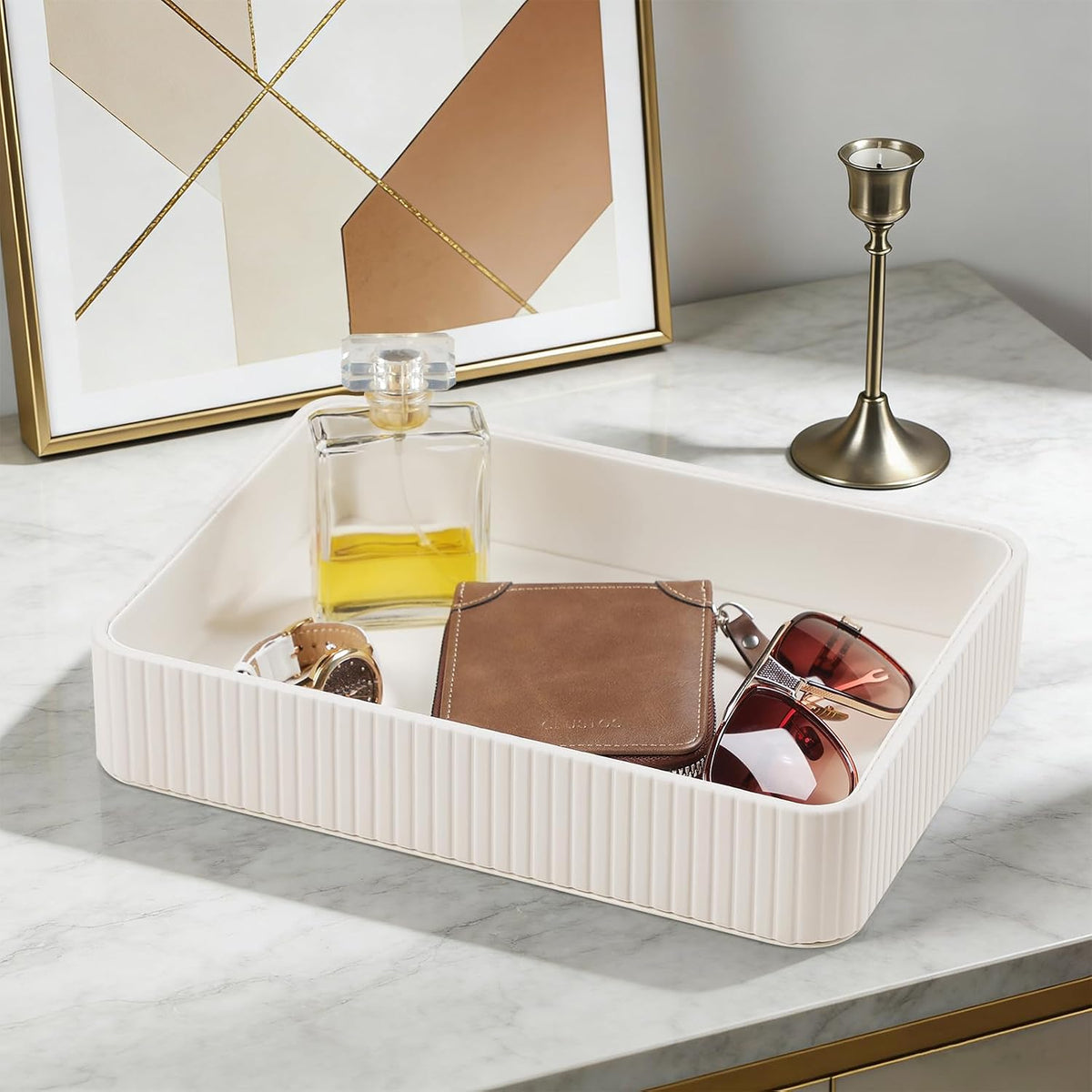 Desk Organizer Tray, PU Leather Nightstand Organizer, Ivory 2-Pack