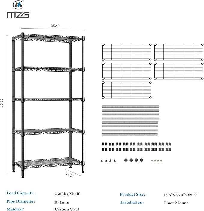 M MZG 1250 lbs 5 Tier Shelf Metal Storage Shelves Shelving Wire Rack Heavy Duty - Image 3