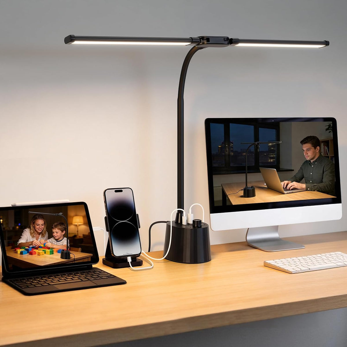 Desk Lamp with USB Charging Ports, Dual Head Adjustable 5 Color Dimmable