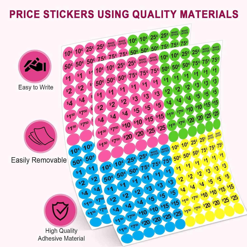 Dreecy Yard Sale Price Stickers Garage Sale Pre-Priced Price Tag Labels, 1920 PCS 3/4" Diameter Flea Market Pre-Printed Pricing Stickers for Retail,Bright Neon Colors (Pink Green Blue Yellow)