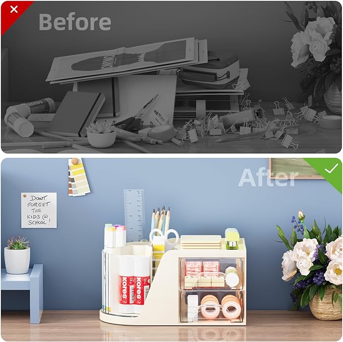 Marbrasse Desk Organizer with 2 Drawer, 360°Rotating Pen Holder, Desk - Image 7