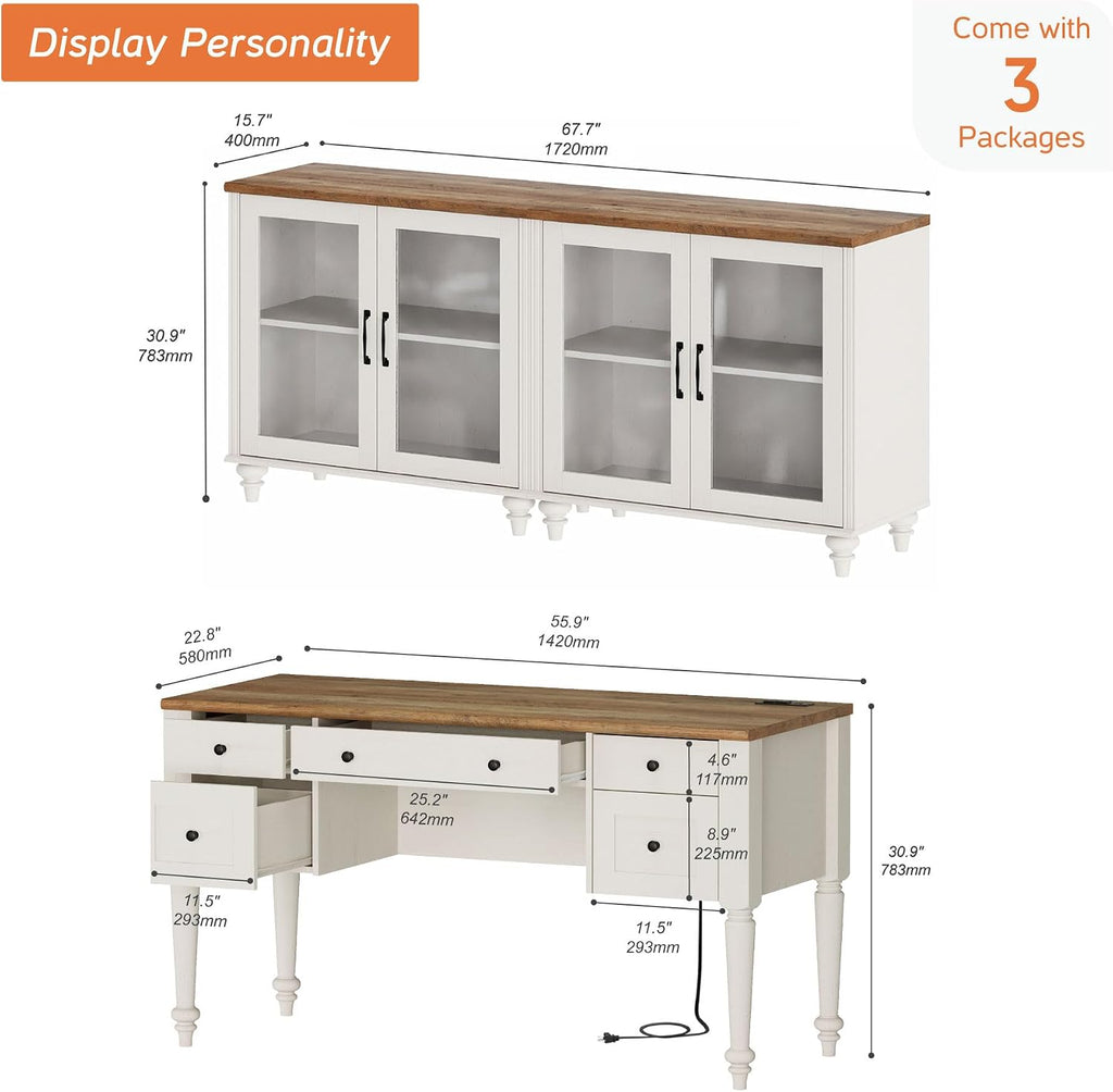 WAMPAT Home Office Furniture Set, 56" Executive Desk with Charging Station, 2-in-1 Cabinet with Glass Doors, Wood Computer Desk with File Cabinet Storage, Open Shelf, White