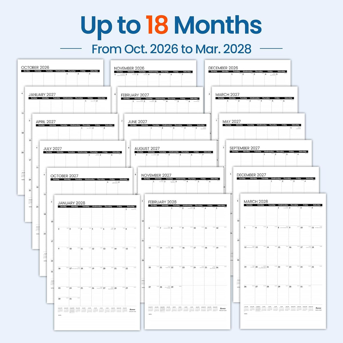 SUNEE 2026-2027 Wall Calendar Large 17"x27", 18 Month Calendar (End...