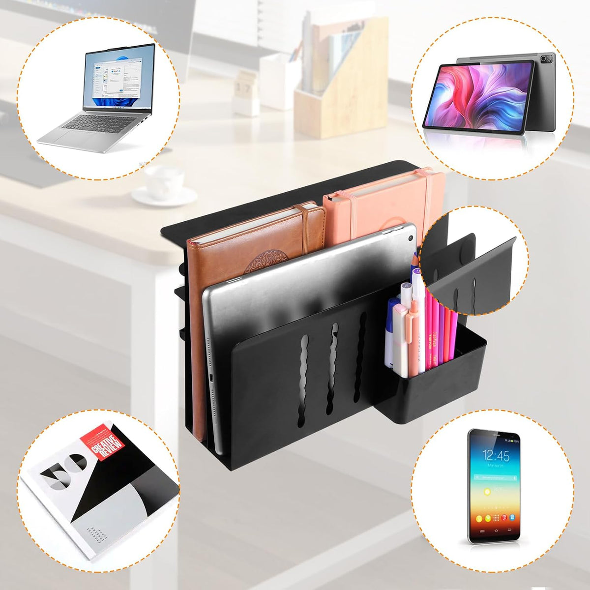 Desk Side Storage, 2 Tier Steel Hanging Organizer, No Drill Side Desk Organiz...