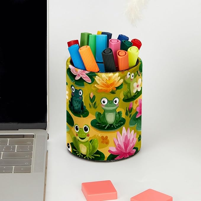 Leather Pen Holder for Desk Funny Frogs Pencil Cup Desktop Organizer Makeup - Image 5