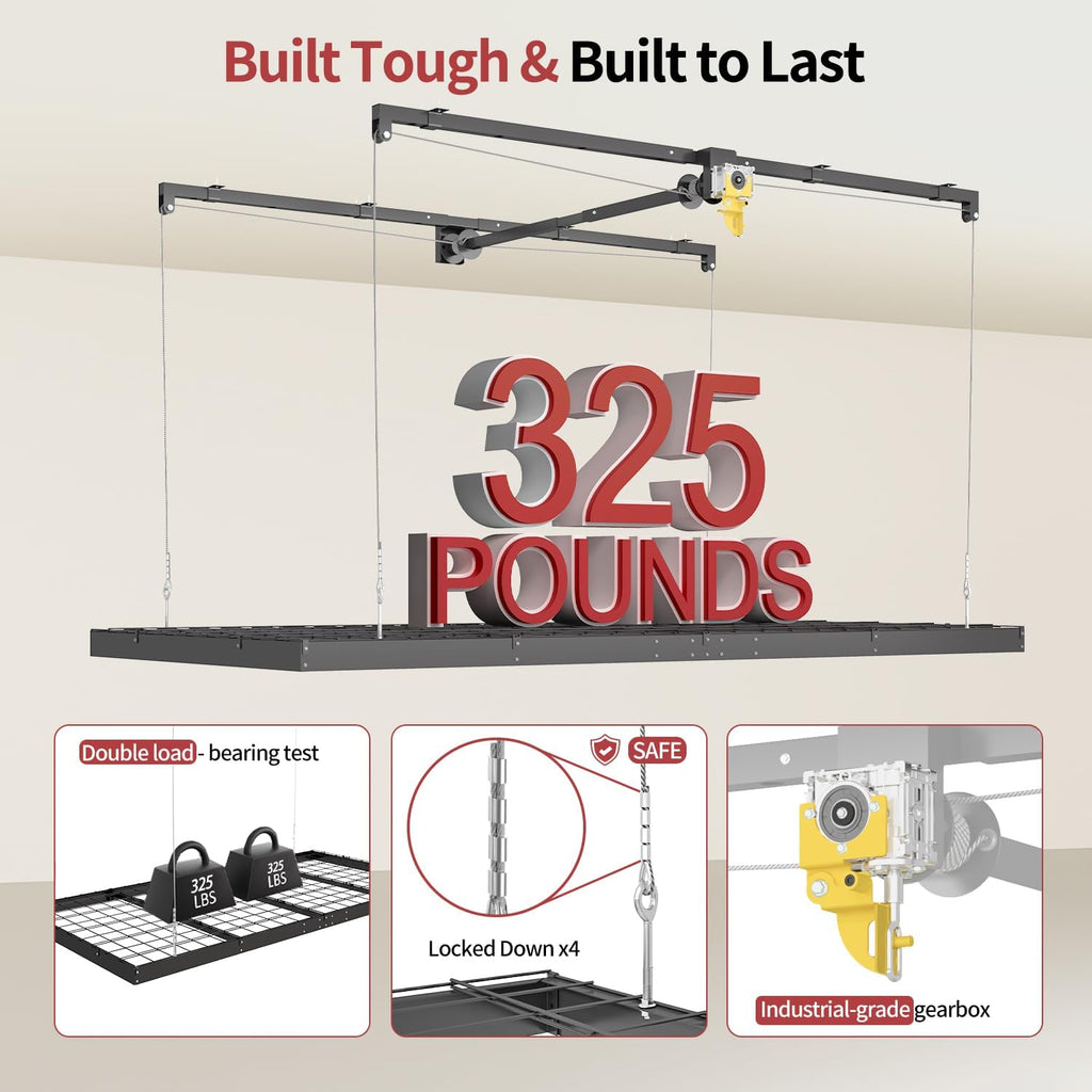 garage ceiling storage racks – 4x8 ft overhead, close-up detail