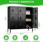 9-Door Metal Locker for Employees with Keyed Compartments | 15.79"D x 35.51"W x 37.8"H; 9 vented compartments with card slots, 18 keys and adjustable leveling feet.