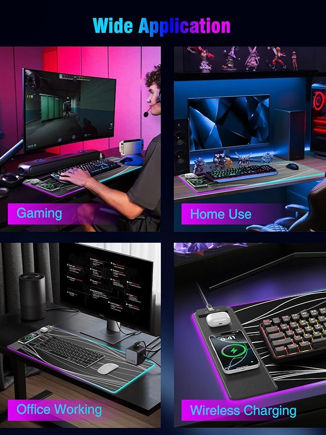 Mouse Pad with Magnetic Wireless Charging, Large Desk Pad Protector, RGB Black - Image 7