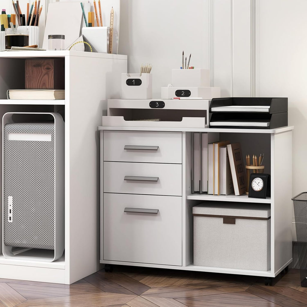 Giantex 3-Drawer File Cabinet for Office - Home Mobile Lateral Filing Cabinet with Hanging Bars, Open Storage Shelves, 5 Universal Wheels, Printer Stand for Letter Size Storage Cabinet (White)