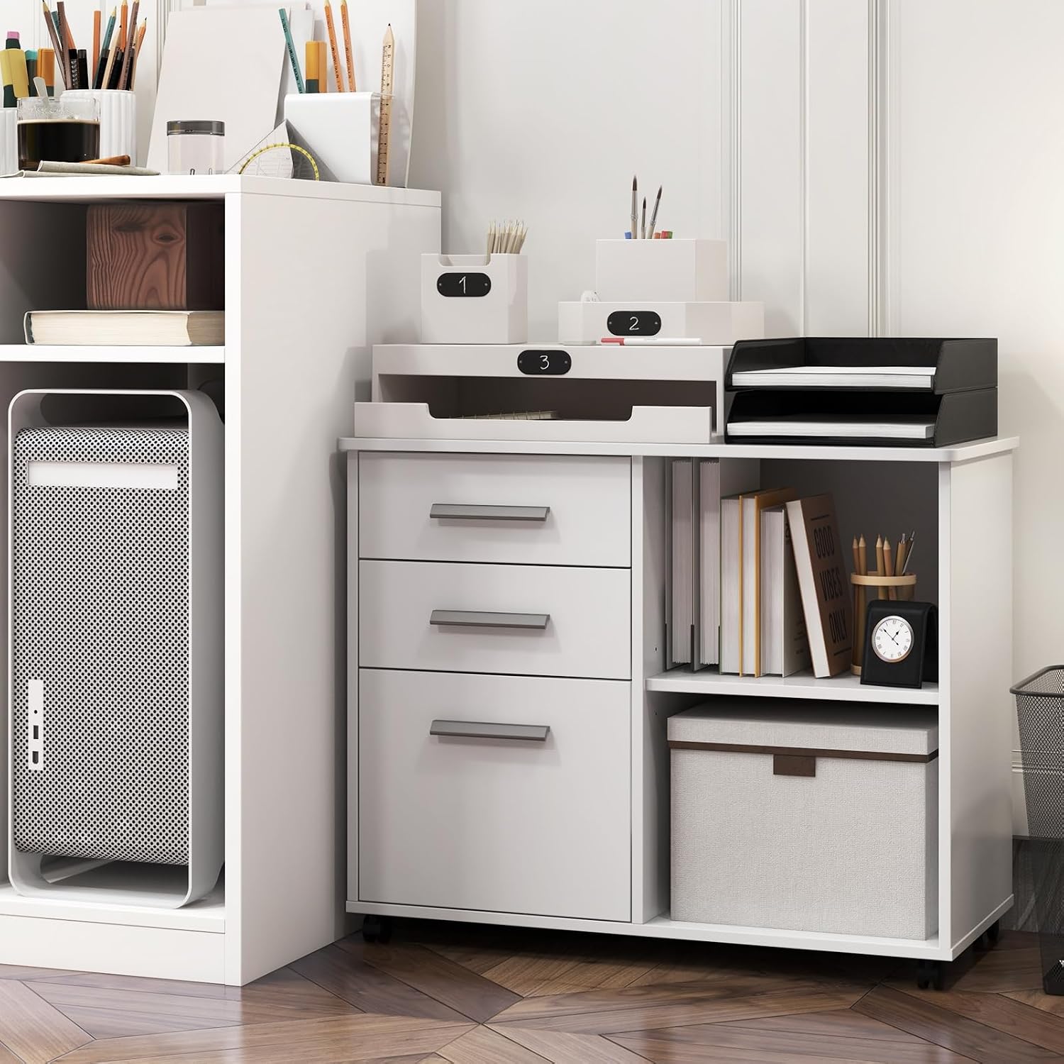 Giantex 3-Drawer File Cabinet for Office - Home Mobile Lateral Filing Cabinet with Hanging Bars, Open Storage Shelves, 5 Universal Wheels, Printer Stand for Letter Size Storage Cabinet (White)